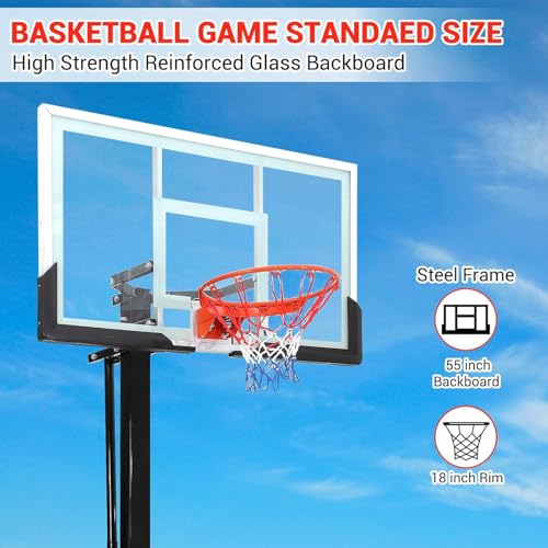 SLEKVERSA in Ground Basketball System Outdoor, 8-10Ft Quick Adjustable Hoop with 55\" Shatterproof Tempered Glass Backboard, Professional Goal Post for Driveway, Backyard, Court - Thumbnail 2