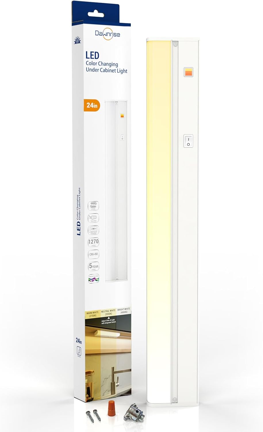 Dawnrise 24" Hardwired Under Cabinet Light,Linkable,1270 Lumens,3 Color Selectable,Brightness Adjustable,Under Counter Lights for Kitchen,Wide Luminous Surface,White Finish,Metal Base(1 Pack)
