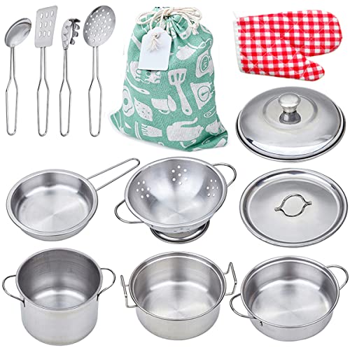 Yellora Kitchen Pretend Play Toys with Stainless Steel Cookware Pots and Pans Toys for Kids, Cooking Utensils Set for Toddlers Girls Boys, Educational Learning Tool
