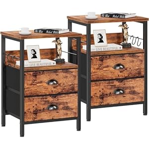 Furologee Nightstands Set 2, Bedside Table with 2 Fabric Drawers, End Table with Hooks and Shelf, Side Table for Bedroom/Living Room/Study/Hallway/Brown