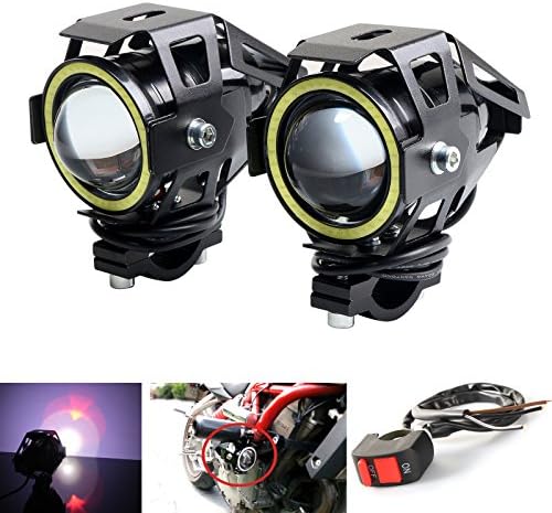 LEDUR Motorcycle Headlight U7 DRL Fog Lights Driving Running Light with Angel Eyes Lights Ring Front Spotlight Strobe Flashing White Light and Switch(2PCS,White Halo)