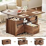 Memobarco 40' Farmhouse Lift Top Coffee Table with Sliding Barn Door,4 in 1 Multi-Function Coffee Tables with Storage Drawers & Hidden Compartment,Converts to Dining Table for Living Room,Walnut