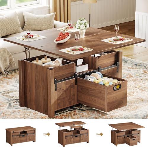 Memobarco 40" Farmhouse Lift Top Coffee Table with Sliding Barn Door,4 in 1 Multi-Function Coffee Tables with Storage Drawers & Hidden Compartment,Converts to Dining Table for Living Room,Wal...