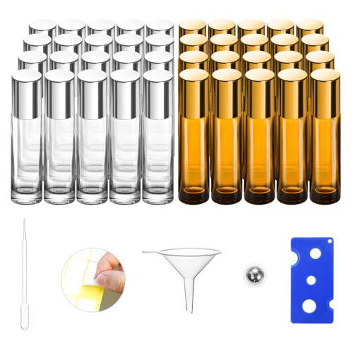 Glassfinity Paquete de 40 botellas con rodillo para aceites esenciales, botellas de perfume de vidrio ámbar de 10 ml, vacías con bolas de rodillo adicionales, abridor, embudo, pipeta, etiquetas, 20