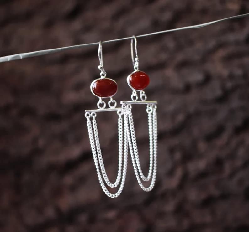 Carnelian Earrings, 925 Sterling Silver, Drop & Dangle Earrings, Chain Drop Earrings, Bridal Earrings, Handmade Jewelry, Wedding & Engagement Earrings, Gothic Earrings, Jewelry, Birthday Gift Earrings