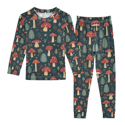 ALAZA Red Mushroom Leaf Blue Green Pajamas Long Sleeve Sleepwear 2-Piece Pajama Set