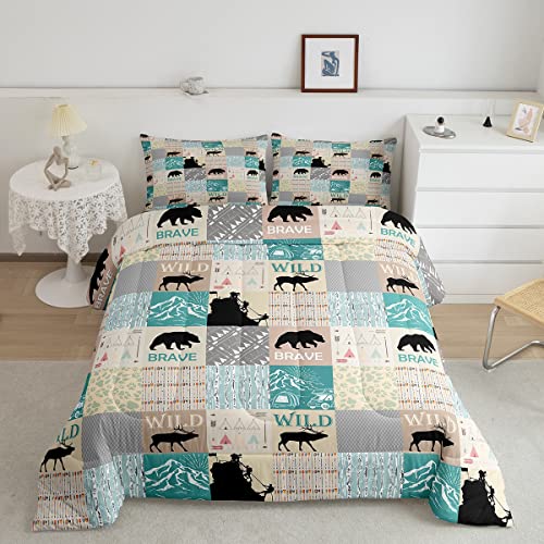 Erosebridal Bear Print Comforter Set Twin Boys, Unique Exotic Style Bedding Set for Teens Kids Men Arrow Patchwork Pattern Duvet Insert for Travel Camping Quilt Wild Animal Elk Decor Down Co