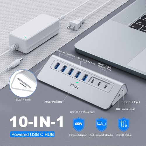 Image of Powered USB Hub 10Gbps, Intpw YH6AC Plus 10-Port USB Hub 3.2 (USB A /USB C 3.2+3 USB-A 3.0+2 PD 45W Fast Charging Port+SD /TF Card Reader), 65W Power Adapter,Aluminum USB HUB for PC,Laptop,iPhone 17 /16