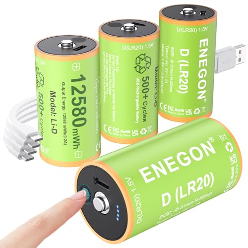 ENEGON Rechargeable Lithium D Batteries 4 Pack 12580mWh 500+ Charge Cycles