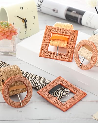 Image of WILLBOND 4 Pcs Women's Elastic Raffia Woven Belt, Boho Rattan Buckle Stretch Straw Wide Waist Belt for Dresses Jeans Pants