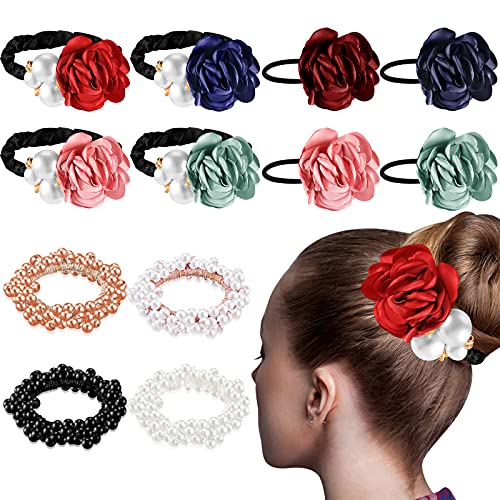 12 Pieces Flower Hair Ties For Women Hair Accessories For Women Girls Ponytail Holders Hair Scrunchies Rhinestone Elastic Pearl Headband Hair Jewelry For Girls Hair Ties (Classic Color) #TOP23