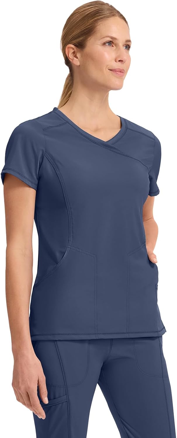 Cherokee Infinity Womens Mock Wrap Scrub Top, 4 Pockets, Rib-Knit Panel, Moisture-Wicking 360° Stretch - 2625A