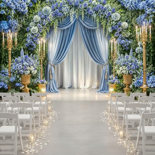 Blue White Rose Floral Curtain Candelabra Wedding Photography Backdrop by ANPAHOW - Used condition - Image 6