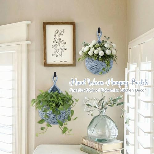 Image of Honeydak 3 Hanging Baskets, Light Blue, Teardrop, Cotton Rope
