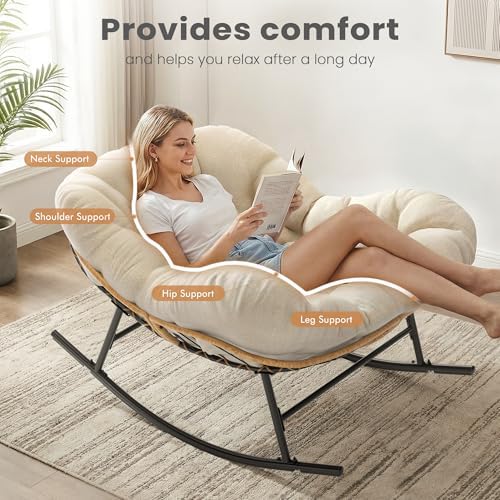 Easyego Oversized Papasan Rocking Chair Indoor Outdoor Use, Comfortable Wicker Rocker with Cozy Thicken Cushion for Deck, Balcony, Poolside, Lawn, Bedroom, Living Room, Pure White — view 4