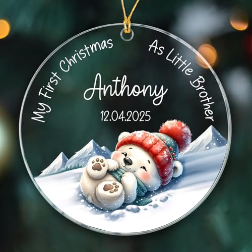 Personalized Little Brother Polar Bear Xmas Ornament 2025, My First Christmas As Little Brother Ornament Gift for Newborn Grandkids Son, Customized Date/Name Little Brother Polar Bear Ornaments Gift