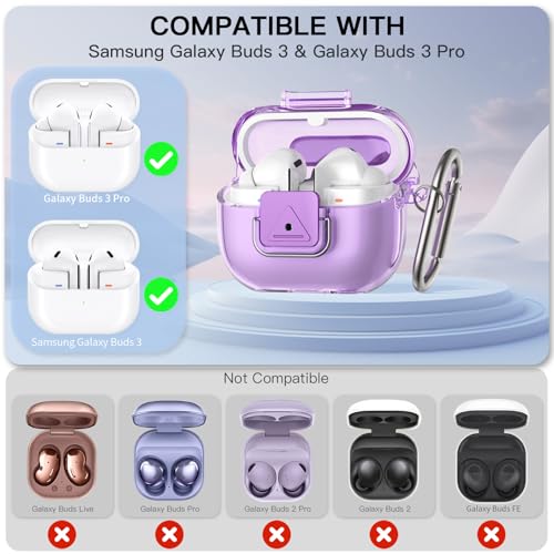 TUDIOW for Galaxy Buds 3 FE (2025) & Buds 3 Pro & Galaxy Buds 3 Clear Case Cover with Secure Lock Shockproof Protective for Samsung Galaxy Buds3 & 3Pro with Cleaning Kit& Keychain (Clear Purple) by TUDIOW - Image 2