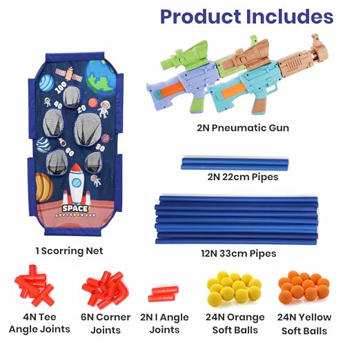 Image of Aditi Toys Space Explorer Pack of 2 Pneumatic Guns with Net Stand, 48 Foam Balls, Indoor /Outdoor Safe Play for Kids 5+, BIS Approved (Brown)