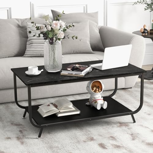 Table Basse 2 Étagères Bois Métal Noire GIANTEX