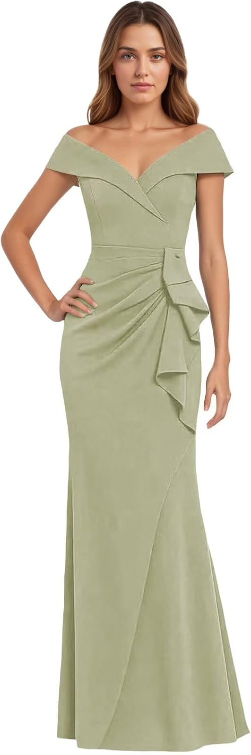 Satin Mermaid Mother of The Bride Dresses Off Shoulder Long Ruched Formal Evening Dress KF032