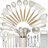 Thickened Silicone Cooking Utensils Set with Natural Oak Handle- Umite Chef Khaki Kitchen Utensils Set, 34PCS Heat Resistant Kitchen Gadgets Tools Set, Kitchen Spatula Set for Nonstick Cookware