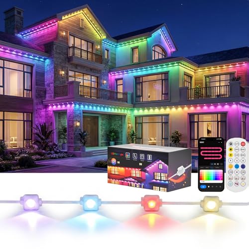 Advwin Permanent Outdoor Lights, 30m RGB Smart Festoon Lights, Multi Scene Modes, Remote/APP/Music/Voice/Box Control, Timer & DIY Function & IP67, for Halloween, Christmas, V-Day, Daily & Party Decor