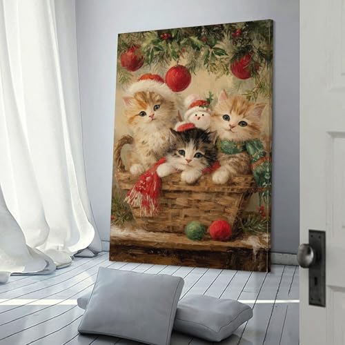 Tableau de chatons de Noël en grand format 40x60 cm pour salon