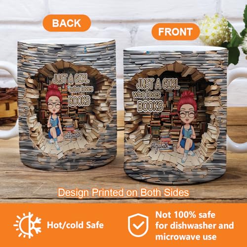 Image of Personalized Books Lover Mug, 11oz 15 oz Ceramic Coffee Cup, 2D Cracked Wall Reading Girl Design, Gift for Women Readers, Christmas