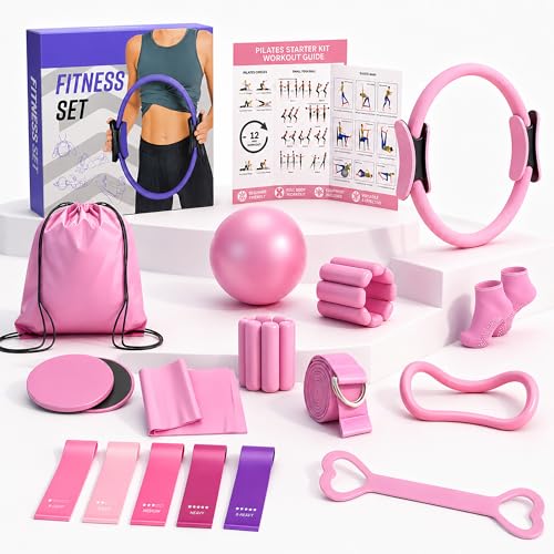 Pilates Kit for Home Workouts, Complete Pilates Starter Set for Women with Workout Guide, 15 Inch Pilates Ring, Mini Pilates Ring, Ball, Resistance Bands, Yoga Strap, Grip Socks & Carry Bag by Bepioek - Used condition - US$18.34