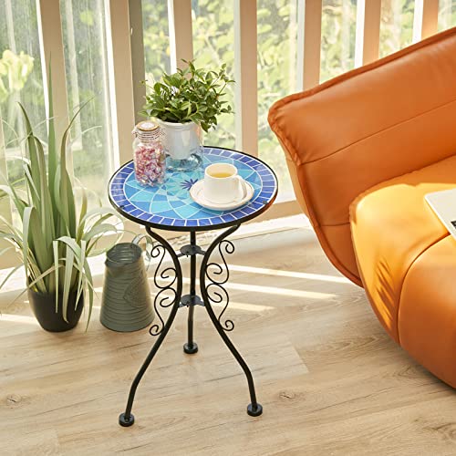 Hl3Nigim Outdoor Side Table, 14" Round Mosaic Patio Side Table Accent Table Bistro Coffee Glass Table Plant Stand For Garden Porch Living Room Balcony Deck Porch Pool #TOP4