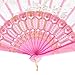 QIRMIZI 10 Pcs Rose Lace Folding Fans,Silk Folding Hand Fans, Perfect for Weddings, Parties, and Dancing,Pink