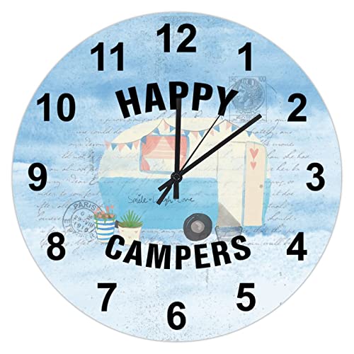 Happy Camper Wall Clock Vintage Teardrop Camper Travel Trailer Wooden Clock Silent Non Ticking Battery Operated Country Round Clock Decorative for Bathroom Kitchen Bedroom Living Room 10-Inch