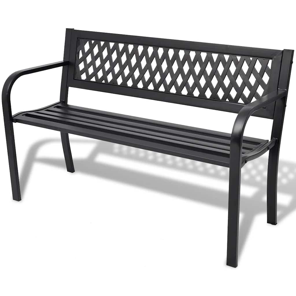 Banco de jardín de 118 cm de acero negro con respaldo de PVC, resistente a la intemperie y estable, para terraza, balcón y jardín, banco para 2 personas, muebles de exterior para relajación y