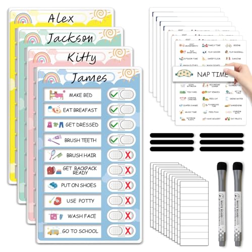 Image of 4 in 1 Namable Chore Chart for Kids, Dry Erase Morning /Bedtime Routine Chart for Kids for Refrigerator, Magnetic Visual Schedule for Kids Toddlers to Do List Checklist for Multiple Kids