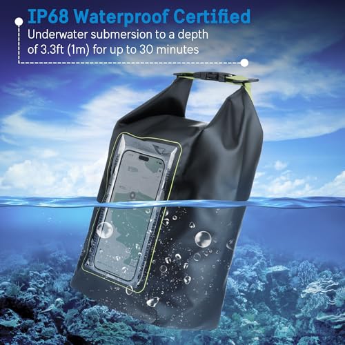 Image of Pelican Marine IP68 Waterproof Dry Bag 5L w /Phone Pouch /Case - Black /Yellow | Roll Top Waterproof Backpack with Touchscreen Phone Pouch - Swimming, Kayaking, Camping, Rafting, Fishing & Travel Essentials