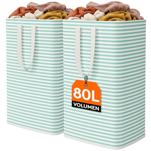 Lifewit 2 Pack Laundry Basket 80L Each, Collapsible Clothes Hamper with Reinforced Handles, Freestanding Waterproof Design for Bedroom and Laundry Room, Sage Green 160L Total