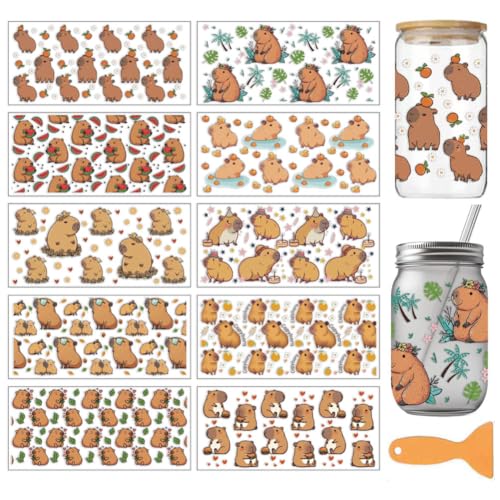 arricraft 10 Sheets Capybara UV DTF Cup Wrap for 16OZ Glass, Watermelon Burger Orange Birthday Cake Rub on Decals PVC Transfer Stickers for DIY Cups Wood Funiture 24x11cm/9.4x4.3inch