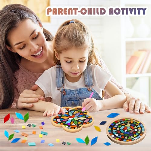 Nuyoach Diy Mosaic Craft Kit For Adults,Stained Glass Kits Mosaics Tiles For Crafts With Large Wooden Coaster Making Materials Package,Mosaic Ceramic Bulk Supplies For Women Kids Beginners Decor Gifts