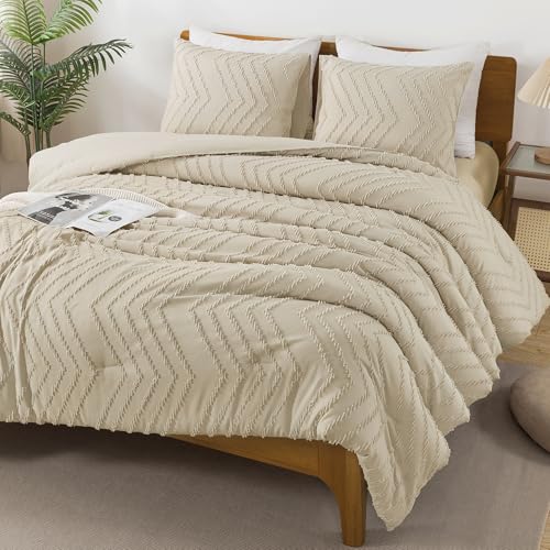 Image of Andency Light Khaki Comforter Set Queen Size, Boho Soft Warm Tufted Bedding Comforter Sets for Queen Size Bed, 3 Pieces Aesthetic Chevron Farmhouse Cute Bohemian Textured Bed Set