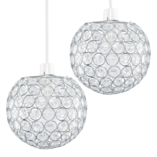 MiniSun | Modern Chrome Globe Ceiling Light Shades with Acrylic Crystal Effect Jewels | Pendant Lights, Home Décor & Improvement Essential | Set of 2 | 18cm Shade Width