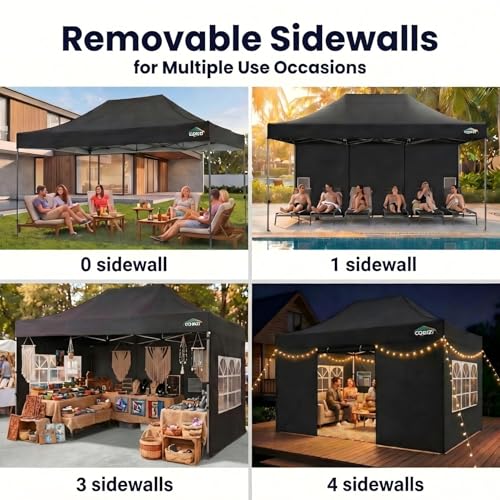 Image of COBIZI 10x15 Pop Up Canopy Tent,Heavy Duty Canopy(Black with 4 Sidewalls)