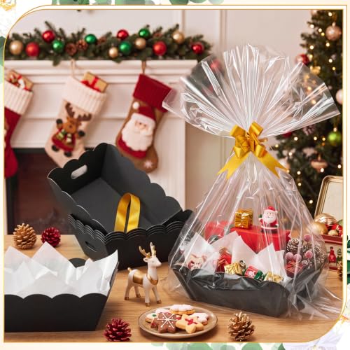 Image of Fuyoooo 8 Pack Black Baskets for Gifts Empty to Fill, Sturdy 10 inch x 12 inch Scalloped Edged Empty Gift Basket Kit Bulk with Handles, 8 Wrap Bags, 16 Tissue Paper and 8 Bows for Wedding Party
