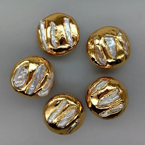 Wholesale 5 pcs Freshwater Cultured White Biwa Pearl Gold Plated Coin Beads