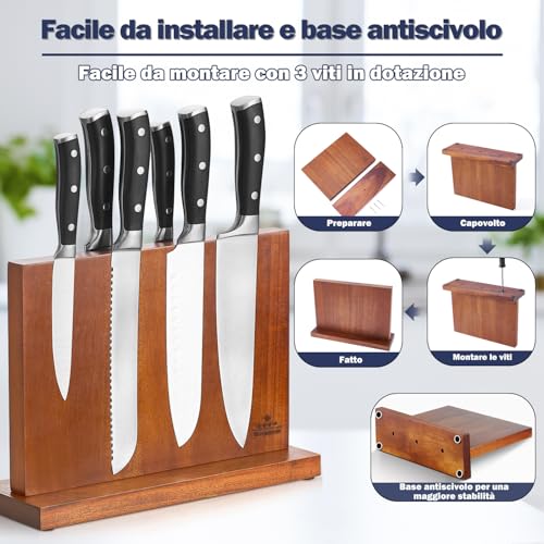 ENOKING Porta Coltelli Cucina, Ceppo Coltelli Doppio Lato Magnetico, Ceppo Coltelli Vuoto, Portacoltelli Premium Magnetico Senza Coltelli - Acacia - immagine 5
