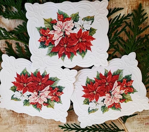 Image of Poster Foundry Set of 3 - Christmas Holiday Poinsettias Boxed Note Cards by Carol Wilson. 10 embossed 4x5 Die-Cut Notecards and Matching Envelopes in Decorative Gift Box with Magnetic Flap. NCPX2217