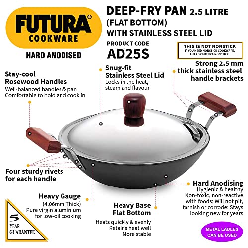 Futura L23 Hawkins Hard Anodised Deep Fry Pan/Kadhai With Flat Bottom And Steel Lid, 2.5 Liter, Small, Black #TOP1