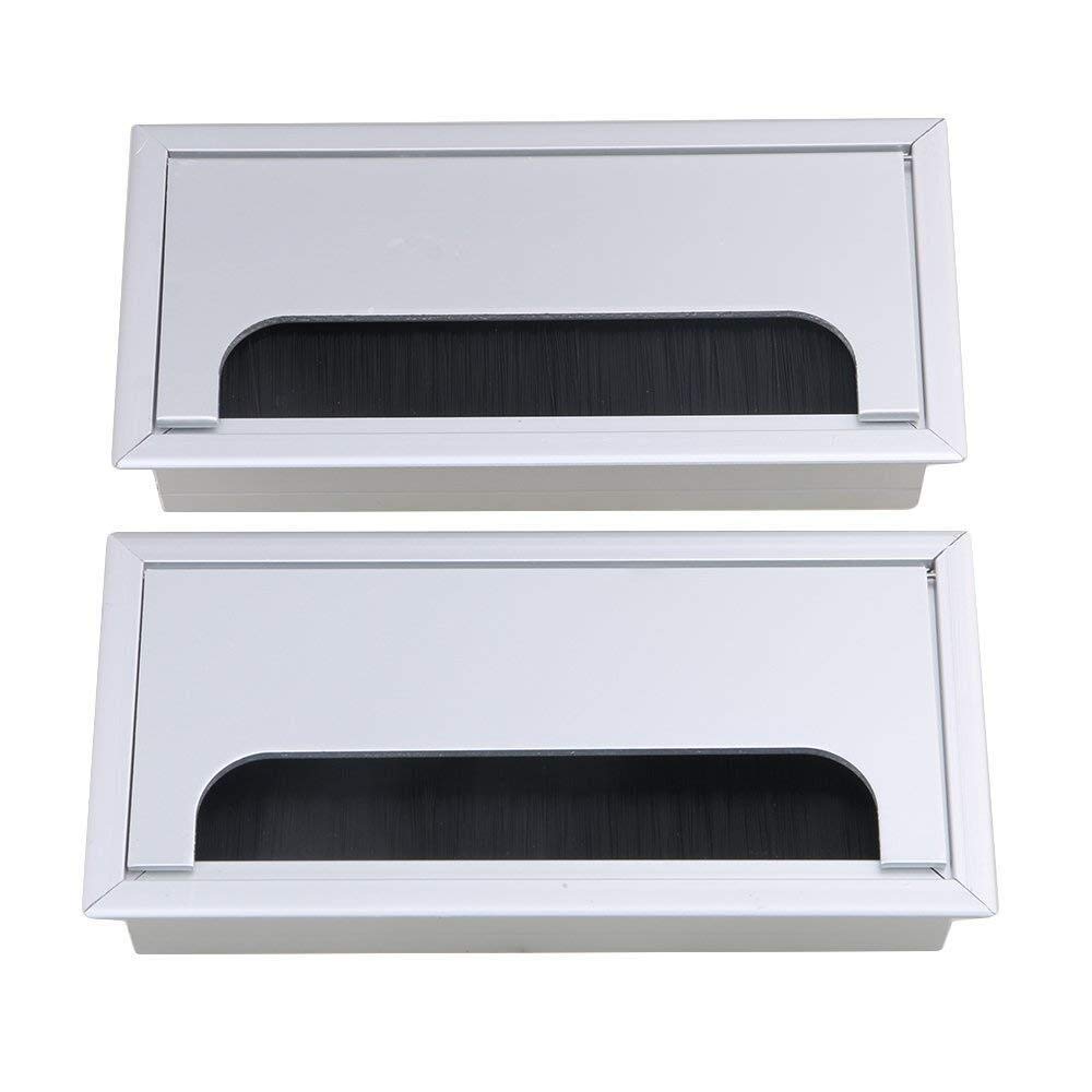 2PCS Desk Grommet Metal Rectangle Desk Cord Cable Hole Cover Grommet with Brush for Home Office