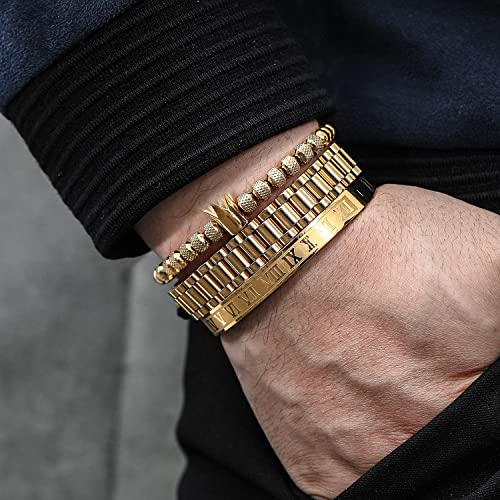 Wfyou 3Pcs Stainless Steel Bracelets For Men Gold Roman Numeral Bangle Bracelet Twisted Cable Bracelet Adjustable Cuff Bracelet Mens Luxury Jewelry Bracelets Gifts(F:gold) #TOP1