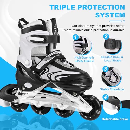 DUZSKJ Einstellbare Kinder Inline-Skates für Jungen Mädchen Kind, Kinder Roller Inline-Skates für Mädchen Jungen Jugend kleine Kinder Indoor Outdoor Spielen (Schwarz Weiß, L)