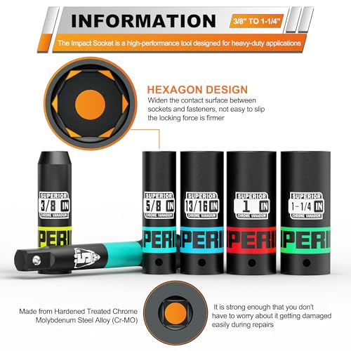 Image of 17 Piece 1 /2 inch Drive Impact Socket Set, 3 /8 inch - 1-1 /4 inch Deep Socket, Include 3 inch, 5 inch, 10 inch Extension Bars, SAE, 6-Point, CR-V Steel, Cars, Motorcycles, Loosen the Fastening Nut